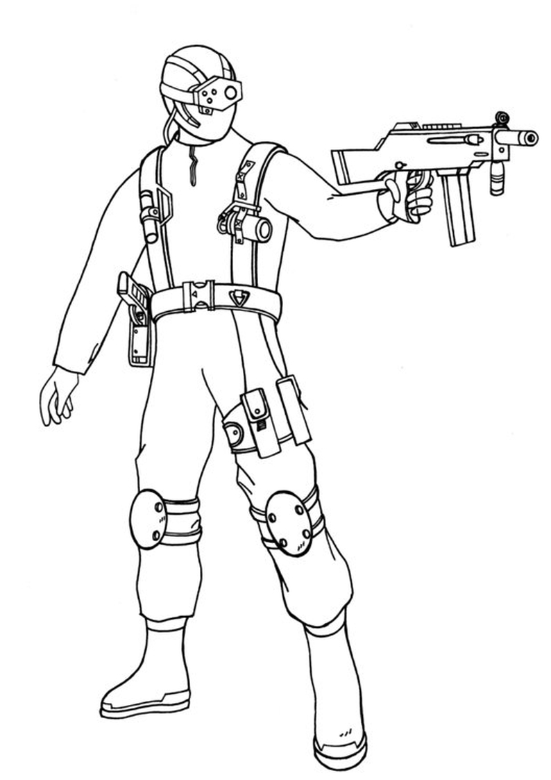 kolorowanka wojsko futurystyczny komandos z pistoletem maszynowym, malowanka do wydruku dla chłopców nr 39